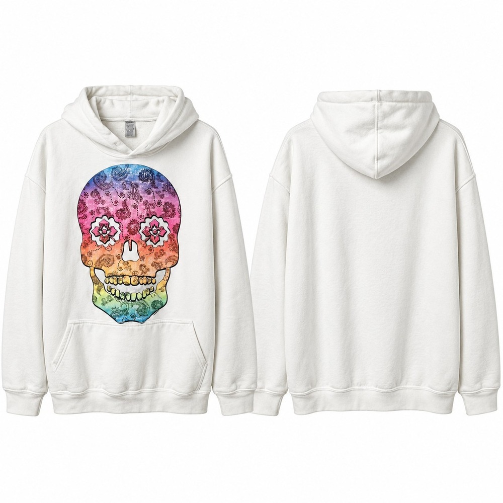 GILDAN Heavy Blend Paisley Sugar Skull Hoodie Sweatshirt Sz 2XL Day Of The Dead